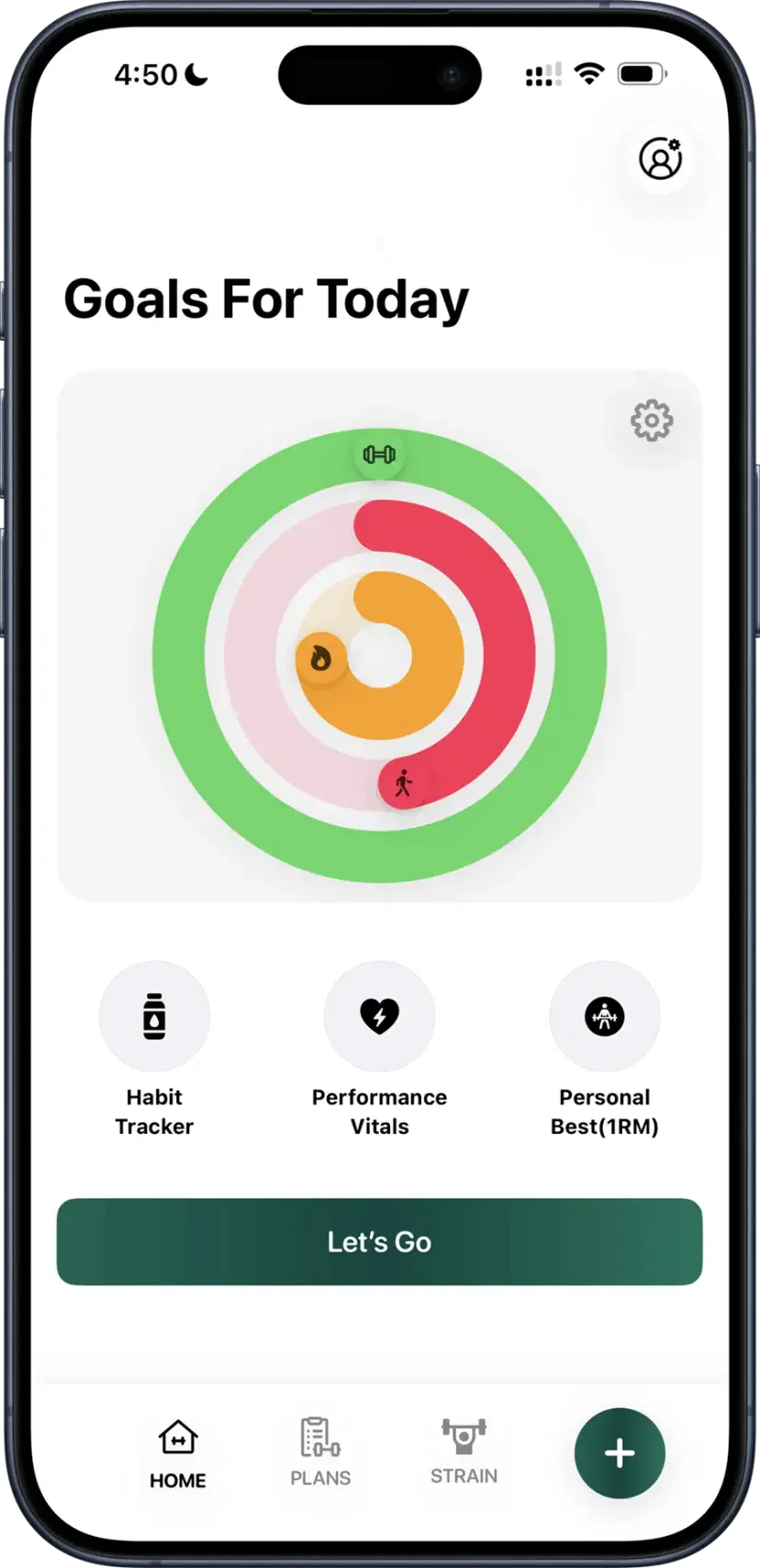 HYX app home screen with weekly goal rings